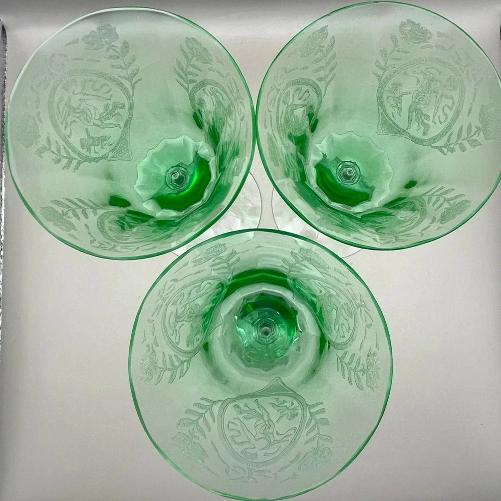 European‎ Uranium Hock Wine Goblets Etched Classic Lady Putto Green Set As Is